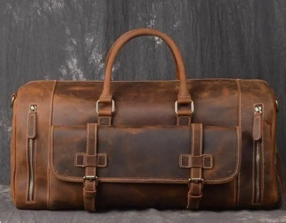 Distressed Leather Travel Weekender Duffle Bag 25” Monogram JH